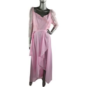Vintage 1980s Pink Maxi Dress with Mesh and Embroidered Bodice Medium